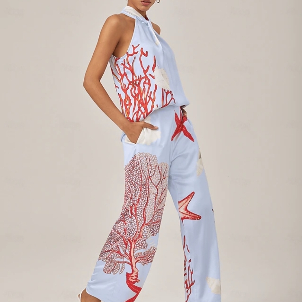 New Coral Print Jumpsuit - Blue and Red